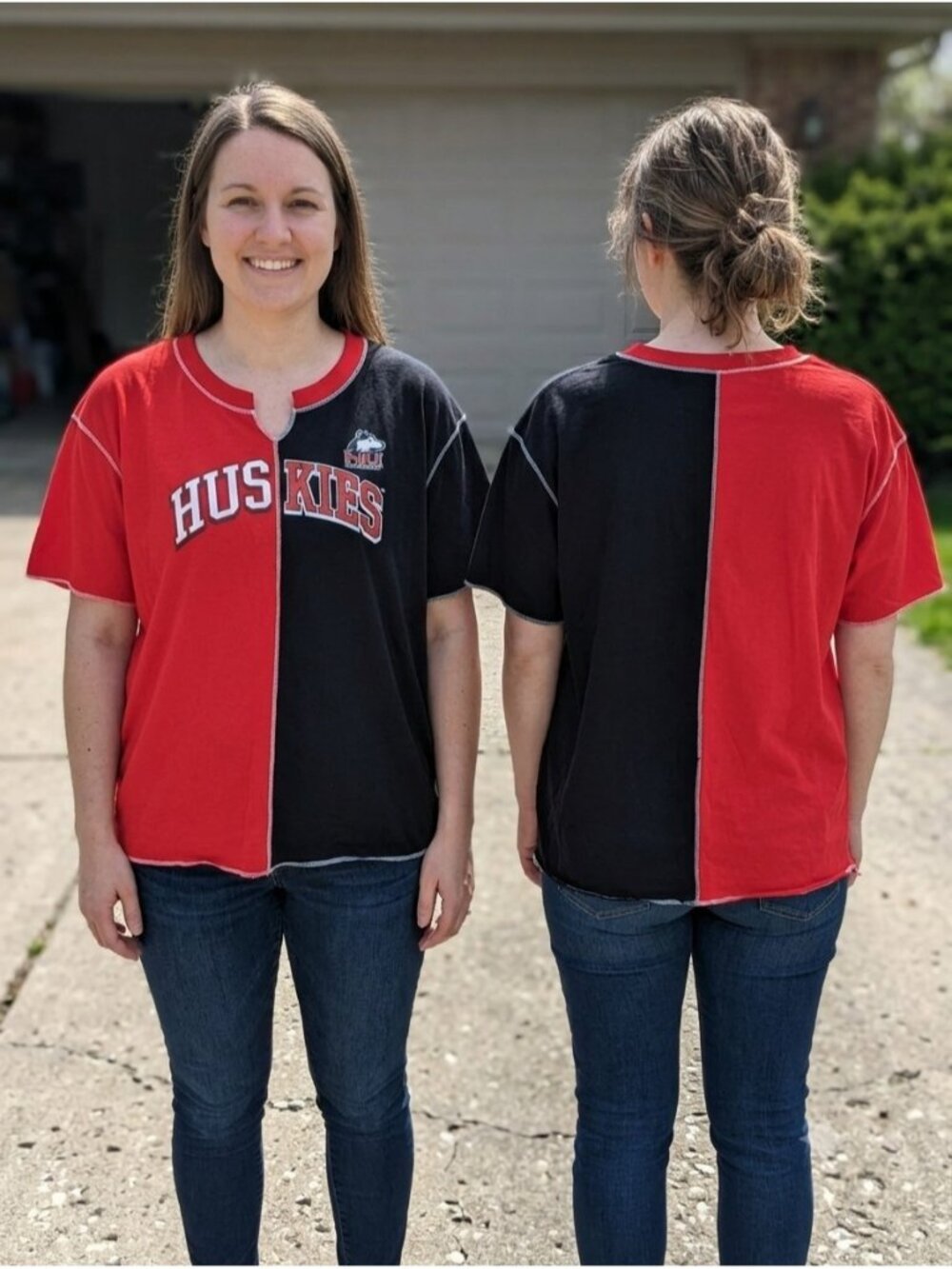 NIU Huskies Shirt Womens XL Red Black Colorblock Split Reworked Graphic Tee Game